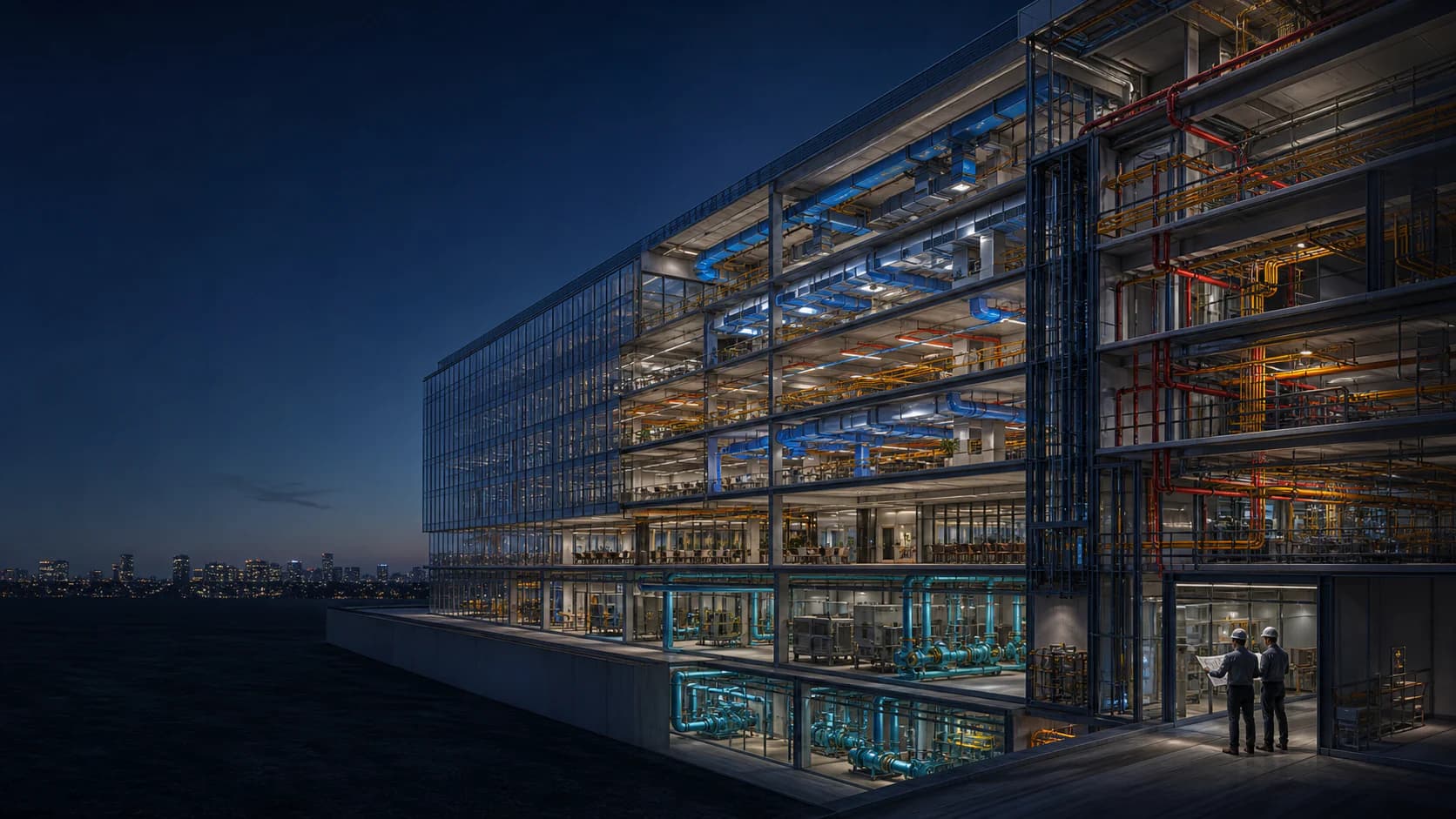 Digital cutaway of a modern building showing coordinated HVAC, electrical, plumbing and fire systems